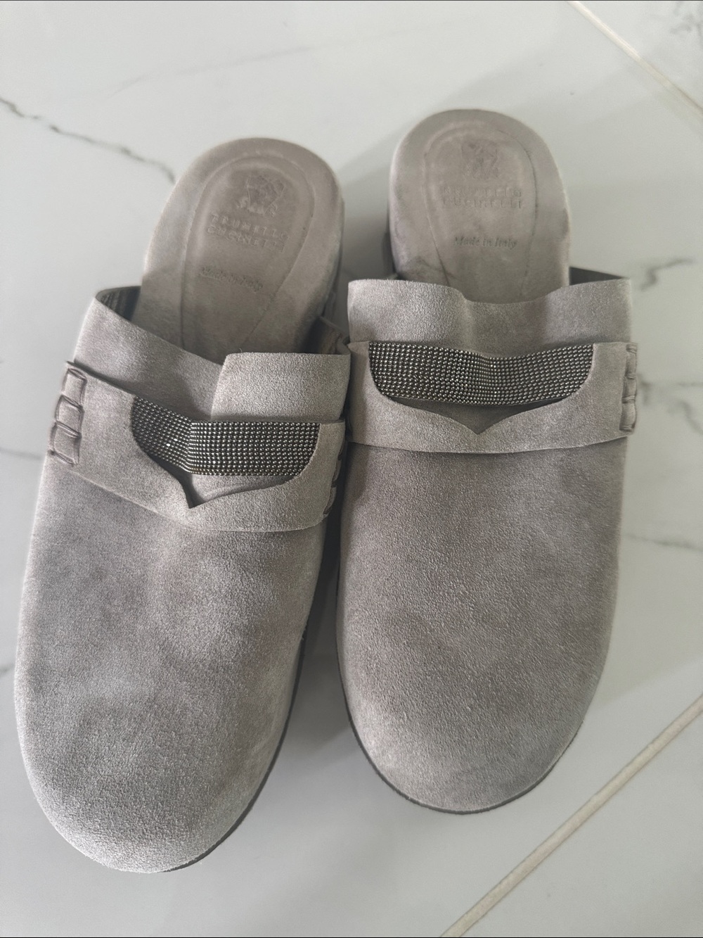 Brunello Cucinelli Grey Suede Clogs With Monili 39.5